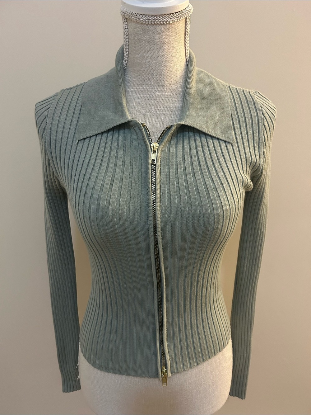 No Boundaries Ribbed Zip-Front Long Sleeve Top - Sage